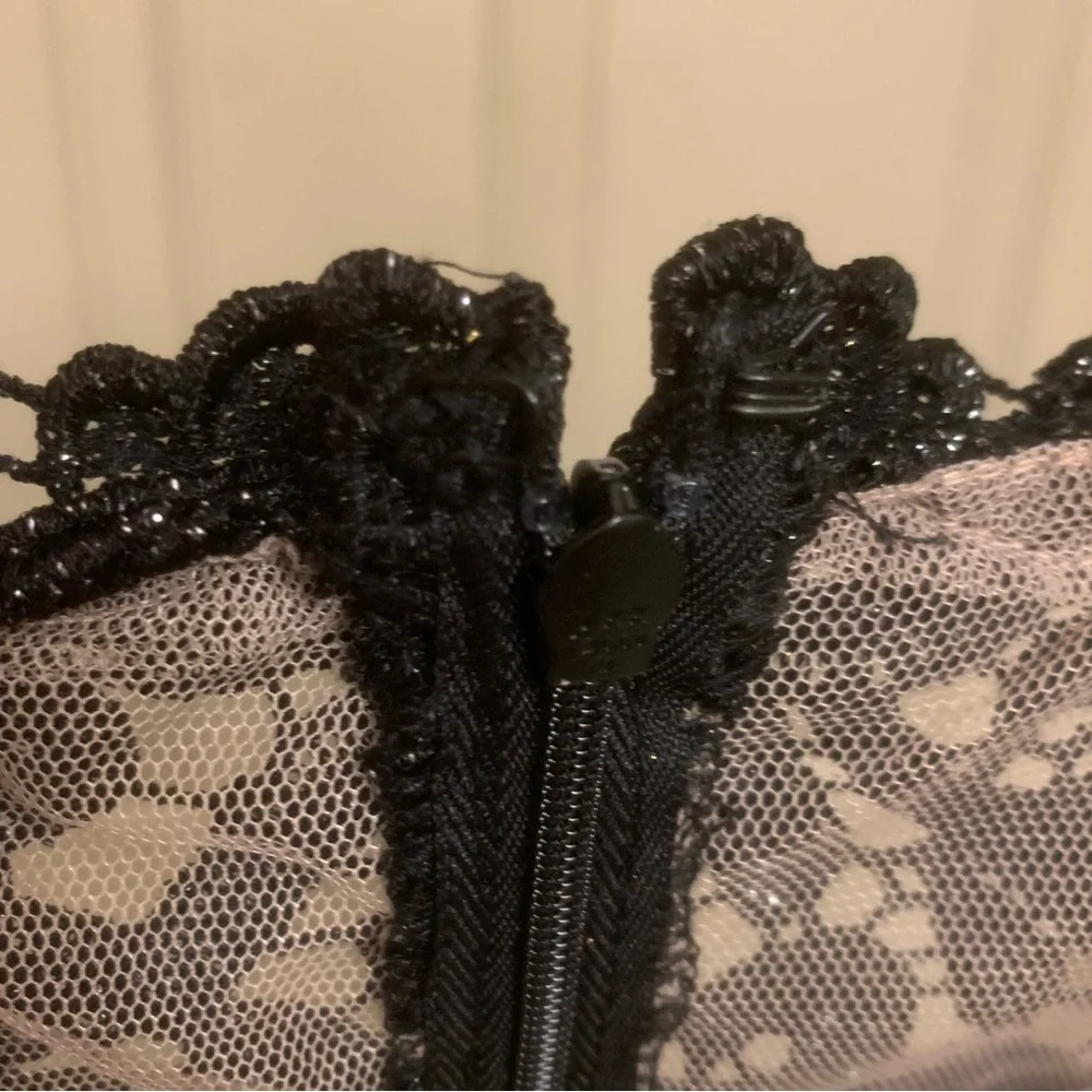 NWT Xscape LBD Black Lace Stand Collar Illusion Back Neck Short Cap Sleeve Dress